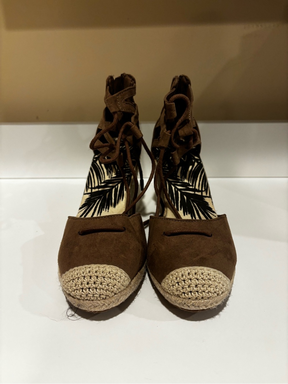 DV Brown Suede Lace-Up Espadrille Wedges with Crochet Toe